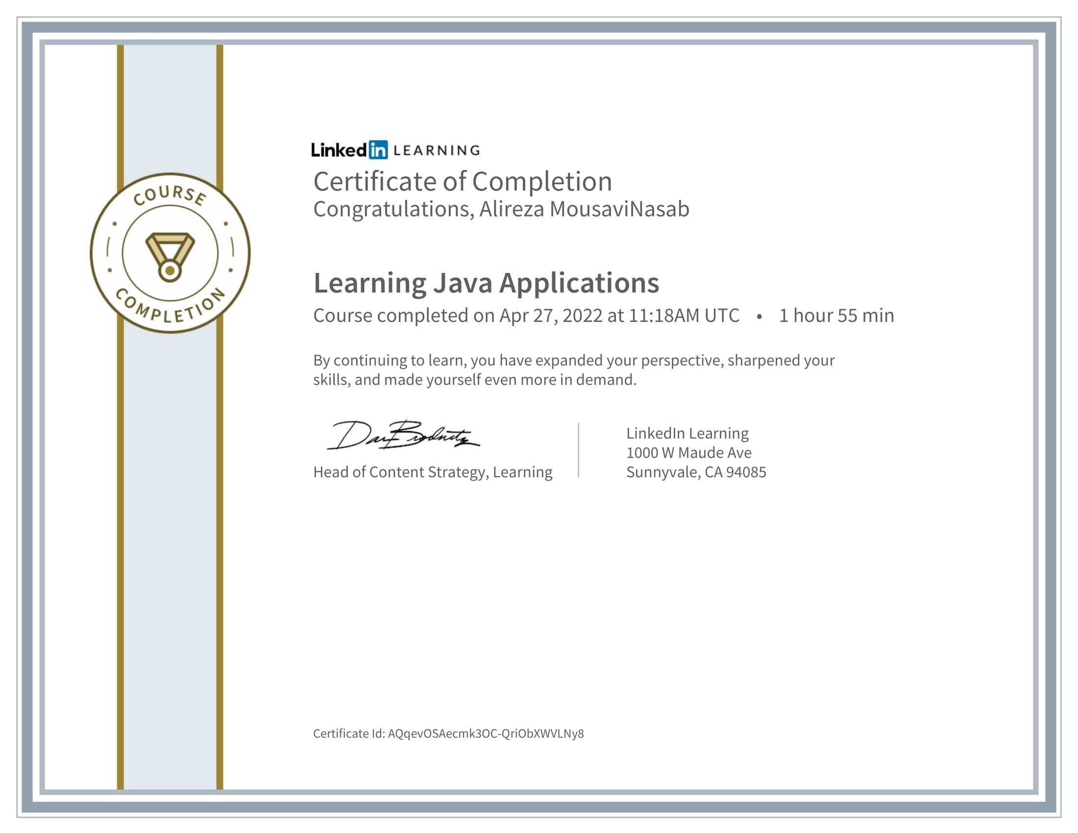 CertificateOfCompletion_Learning Java Applications